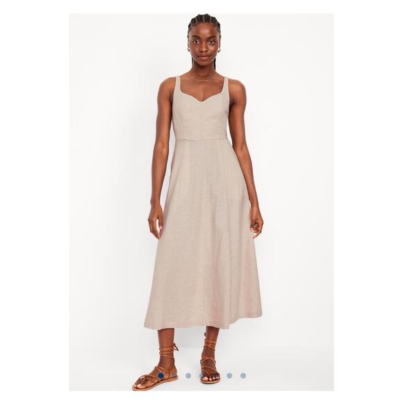 Old Navy Beige Fit&Flare Linen Blend Midi Dress Sz.L NWT - Picture 1 of 14